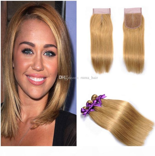 

brazilian virgin human hair bundles honey blonde #27 color straight hair weave with lace closure 4pcs lot strawberry blonde hair, Black;brown