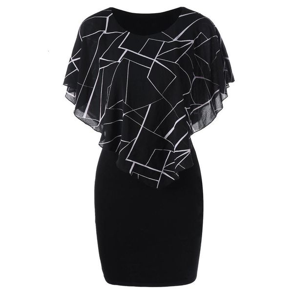 

38 2021 women a line fashion dress plus size printed chiffon o neck ruffles mini tight dress casual dress femininas de vero, Black;gray