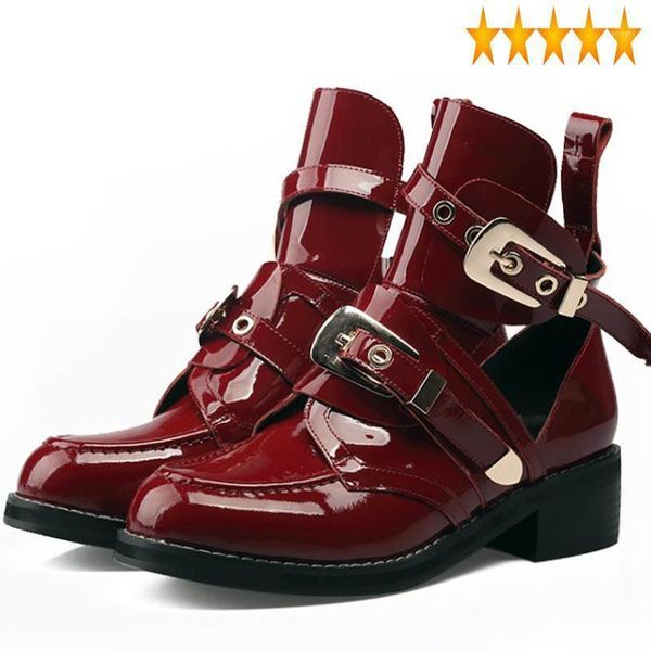 

boots hollow women brand out designer ankle metal buckle cow genuine leather shoes high block heels casual motorcycle boots1, Black