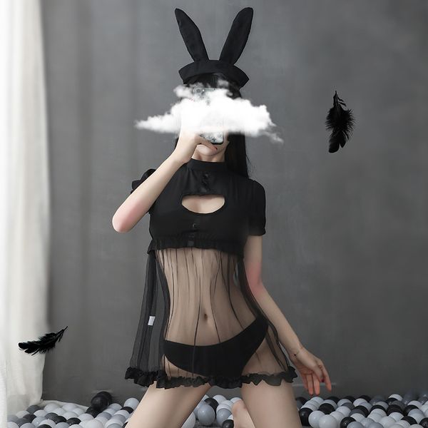 

girl halloween cow cosplay costume for women girls transparent bunny dress panties with rabbit tail kawaii lingerie, Black;white