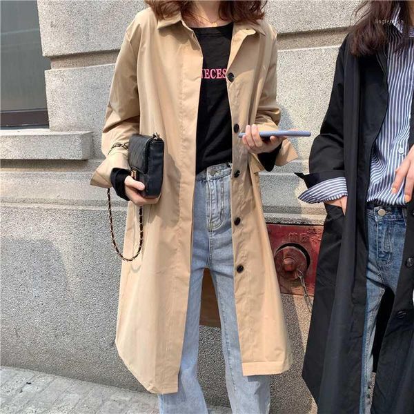 

ewq] 2020 autumn new ladies korean loose single-breasted windbreaker wild mid-length long-sleeved women overcoat qb6111, Tan;black