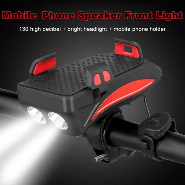 

multi-function bicycle light usb rechargeable led bike head lamp bike horn phone holder powerbank 4 in 1 mtb cycling front light