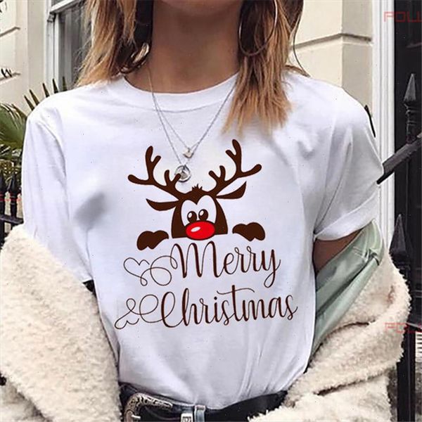 

lovely merry christmas t shirt reindeer print women clothes white short sleeve funny t shirts casual female tee