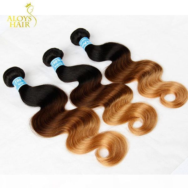 

three tone ombre peruvian virgin human hair extensions 1b 4# 27# 3 tone ombre brown blonde peruvian body wave human hair weave bundles, Black