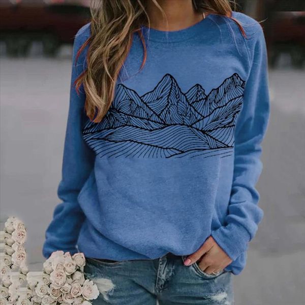 

womens casual mountain print sweatshirts thermal crewneck long sleeve t shirts loose black red blue yellow green streetwear, White