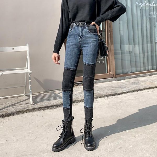 

2021 new spring high waist ripped casual jeans women vintag patchworke pencil pants femme skinny denim trousers plus size s1921, Blue