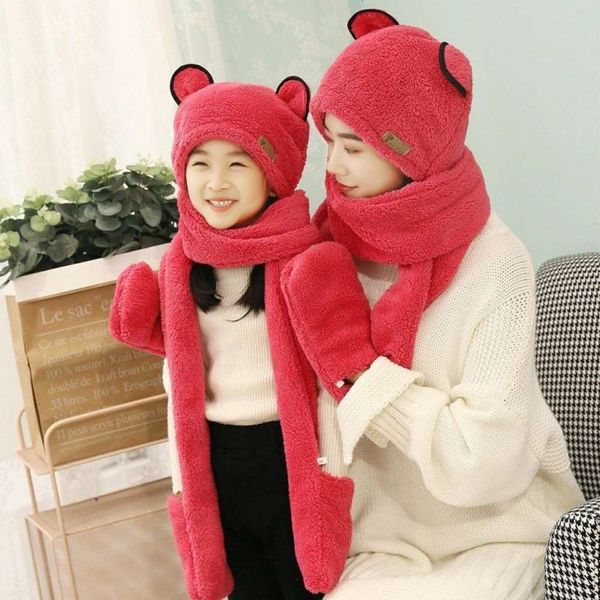 

version parent-child hat scarf glove korean three one suit warm in autumn and winter thickened earmuff nnyq, Red;brown