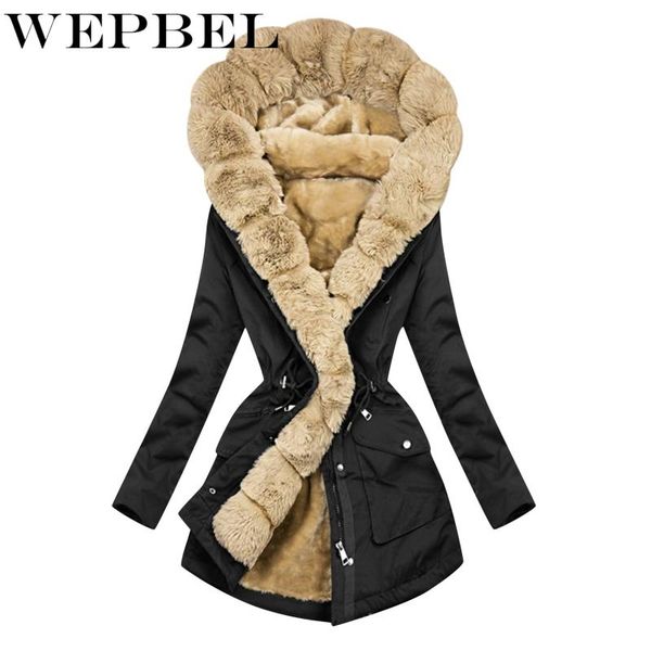 

wepbel women's casual solid color stitching plush coat winter fashion long sleeve zipper pocket button hooded warm jacket, Black