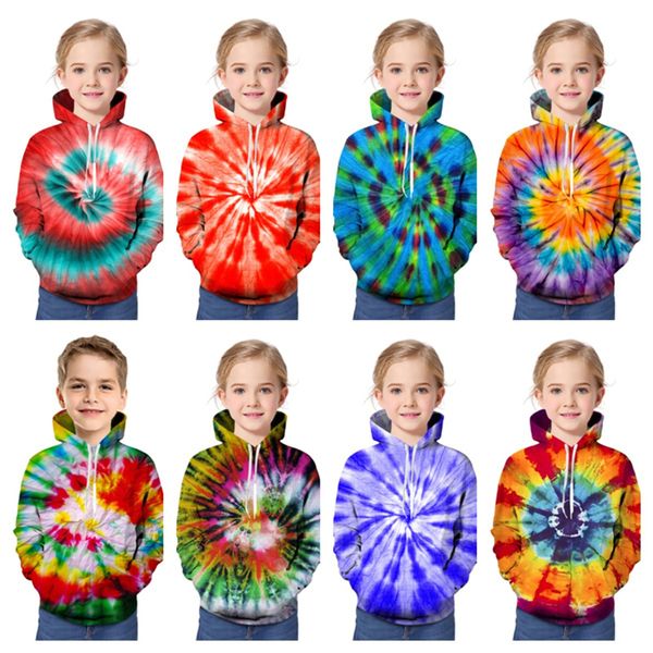 

3d tie-dye напечатанные дети младшие толстовки красочные гират свободный с длинным рукавом свинца с капюшоном мальчики девушки повседневные, Black