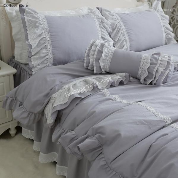 

luxury bedding set embroidery big flower ruffle lace gray duvet cover bedspread princess bed  pillowcase hm-020s1