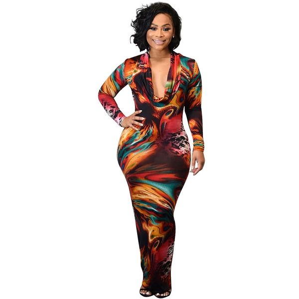 

echoine women maxi dresses long sleeve skinny printed dress female slim elegant off shoulder nightclub party clothing lady y200824, Black;gray