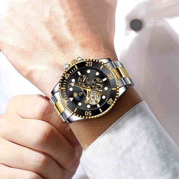 

tevise 2020 men automatic mechanical watch analog business wrist 30m waterproof luminous dial moon phase dress, Slivery;brown