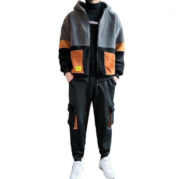 

hoodie suit men's winter brushed thick hooded jacket+pants 2pc sets cardigan hoodie sports casual coat autumn sports set1, Gray