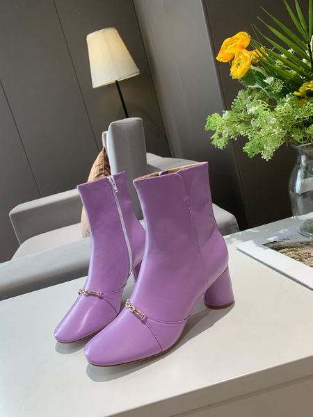 

designer womens boots luxury purple gold metal chain buckle decoration side zipper round head low heel with box size 34-41, Black