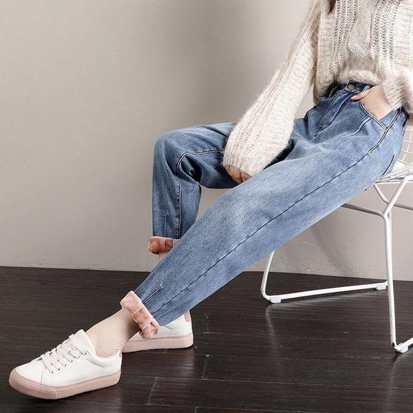 

vintage fleece jeans women's loose high waisted jeans winter thickened thermal harem pants bleached women denim distressed, Blue