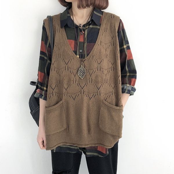 

johnature vintage autumn women sweaters vests pockets solid color new loose female hollow out casual knitted sweaters coats y201128, White;black