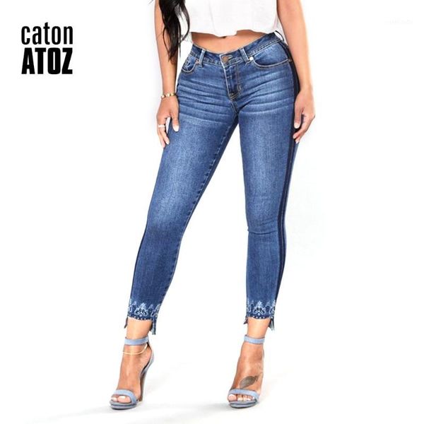 

catonatoz 2138 women`s side striped push up jeans for female embroidery stretchy uneven hem skinny jeans pants for woman1, Blue