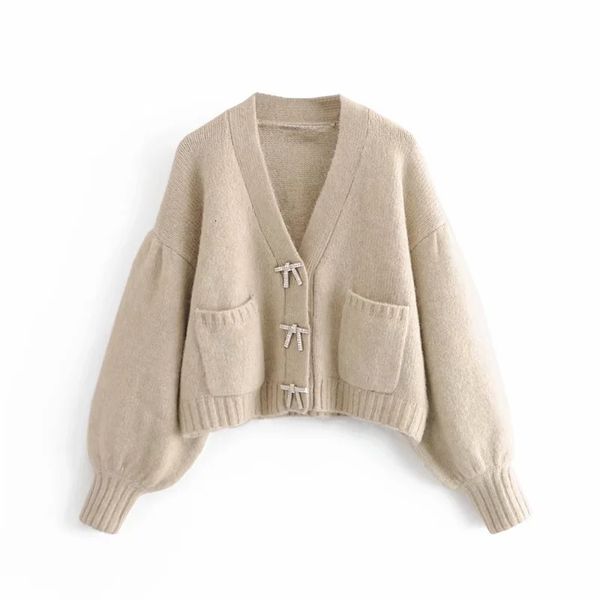 

2021 new rhinestone buttons cropped knitted sweater women autumn cute long puff sleeve v neck oversized cardigan d6dw, White;black
