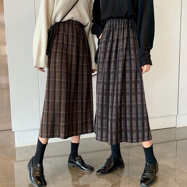 

lucyever vintage women wool plaid skirt autumn a line high waist korean midi skirt casual slit winter female faldas new 20201, Black