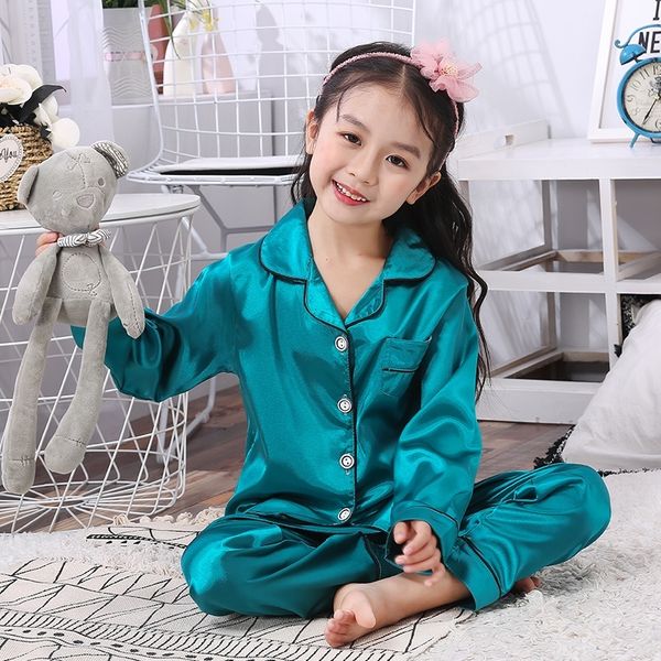 

girls pajamas spring autumn long sleeve children's sleepwear set silk pajamas suit boys pyjamas sets for kids tracksuit set y200114, Blue;red