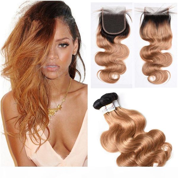 

two tone 1b 27 honey blonde ombre virgin hair with closure light brown ombre hair with closure body wave 3bundles with lace closure, Black;brown