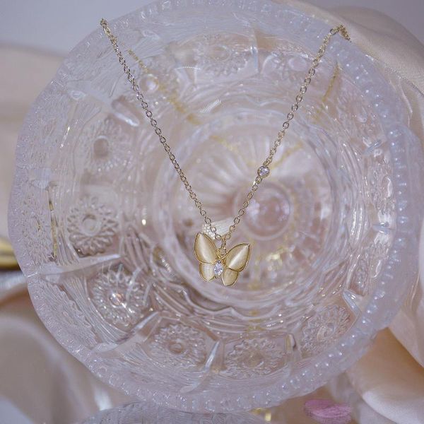 

european and american exquisite micro-inlaid butterfly opal 14k exquisite short ladies temperament necklace fairy clavicle chain, Silver