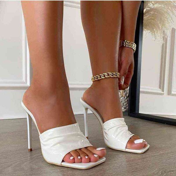 

net red wrinkled one line high-heeled sandals women's shoes and versatile square head open toe thin heel women's slippers, Black