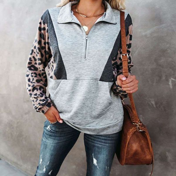 

women's loose oversized women's leopard stitching contrast sweater lapel top, Black