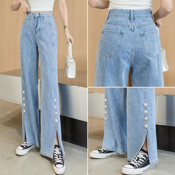 

straight jeans women plus size high waisted denim pants wide leg vintage streetwear full length trousers spring summer, Blue