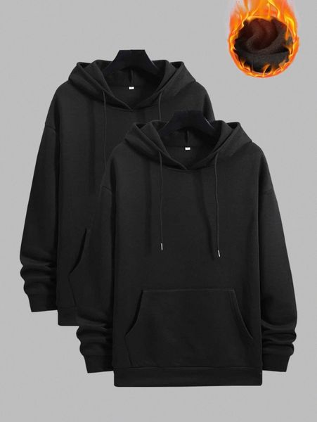 

men 2pcs drop shoulder drawstring thermal lined hoodie r8j2#, Black