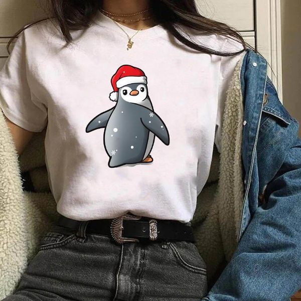 

женский подарок пингвин снег с коротким рукавом одежда с рождеством женщины футболка женщина kawaii t tee рубашка футболка женские топы, White