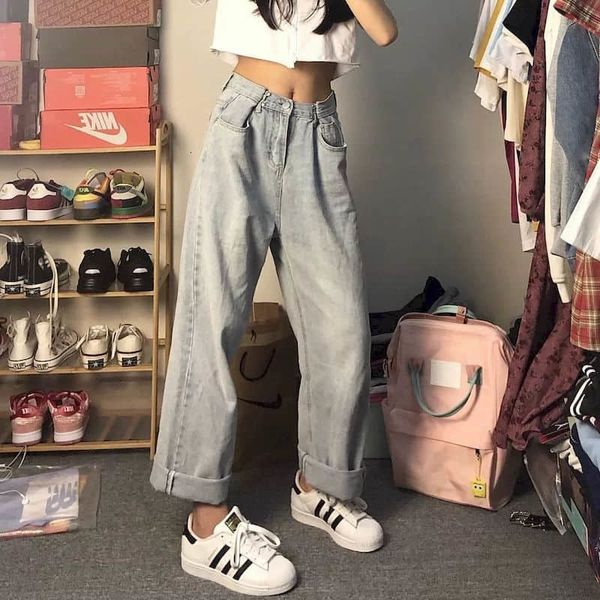 

2021 new autumn hyuna high-waisted baggy jeans women denim pants straight loose wide leg jean daddy student mopping trousers trend q22r, Blue
