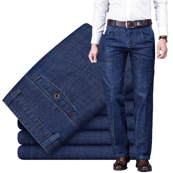 

business casual high waist jeans trousers 2020 new black classic autumn winter male straight loose stretch denim pants1, Blue