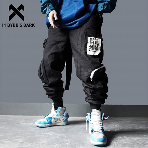 

11 bybb's dark multi pockets hip hop harem cargo pants men harajuku casual streetwear sweatpants joggers elastic waist trousers 201118, Black