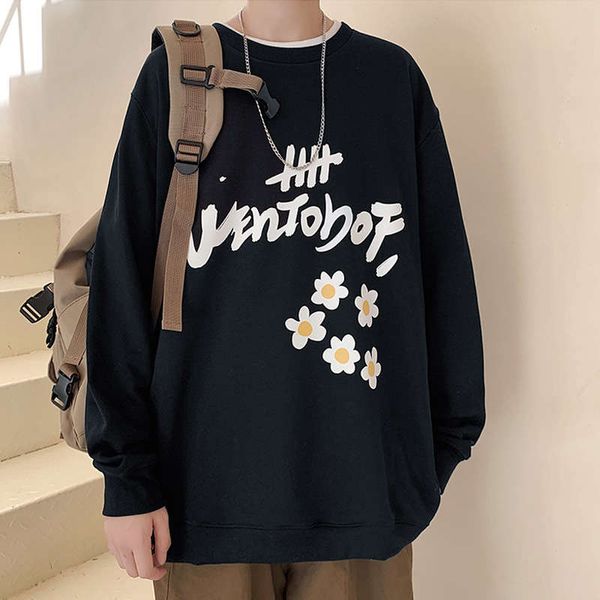 

perth crew neck pullover sweater art neutral daisy print sportswear men's loose long sleeve t-shirt, Gray