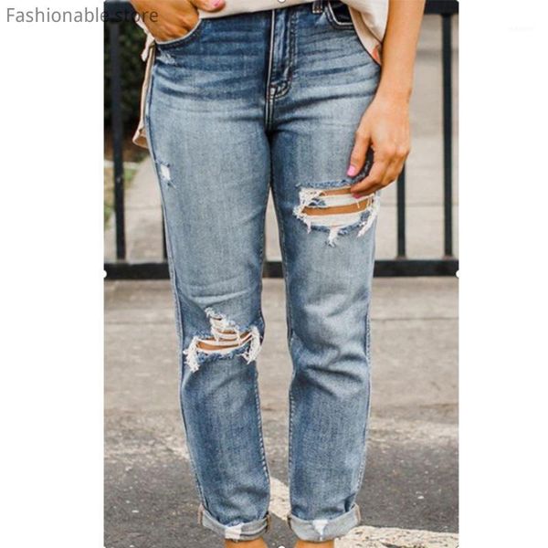 

ladies ripped jeans women autumn slim high waist pockets trousers1, Blue