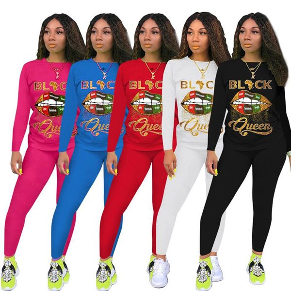 

lip letter pattern womens clothes 2021 long sleeve o neck t shirts slim pencil trousers spring autumn winter women two piece sets, White