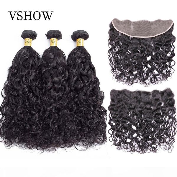 

vshow brazilian natural wave hair bundles with closure 3 or 4 bundles deals with 13*4 ear to ear lace frontal remy human hair, Black