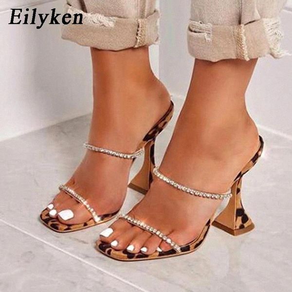 

eilyken 2021 new fashion women rhinestone slippers sandals strange cup heels leopard print square toe ladies dress shoes #pd92, Black