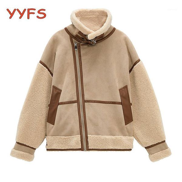 

winter womens patchwork suede lambswool biker jackets thick warm vintage coat chic loose faux leather outwear female overcoat1, Black