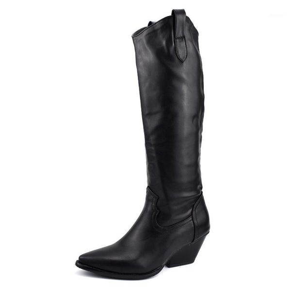 

adboov thigh high boots women pointed toe cowboy boots for women chunky heel leather plus size western ladies1, Black