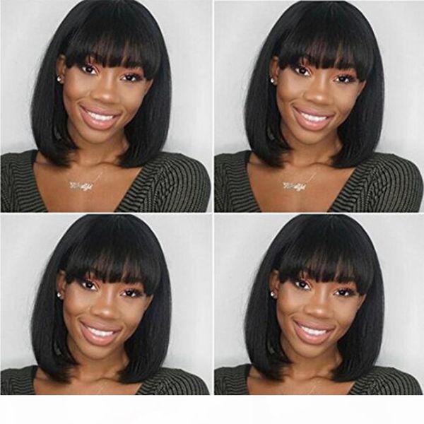 

intalian yaki short bob human hair wig for afro american woman gluless full lace human hair short straight wig with full bangs peruvian hair, Black;brown