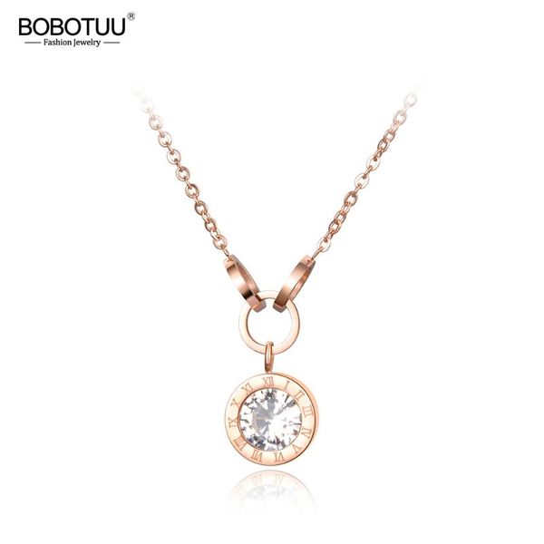 

bobotuu titanium steel cubic zirconia chokers pendant necklace rose gold roma numbers cross wedding necklaces for women bn18076, Silver