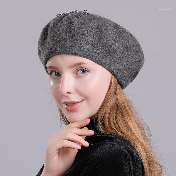 

new brand women's beret hat 2020 spring casual rhinestone wool berets ladies french artist beanie beret hat femme jx0081, Blue;gray