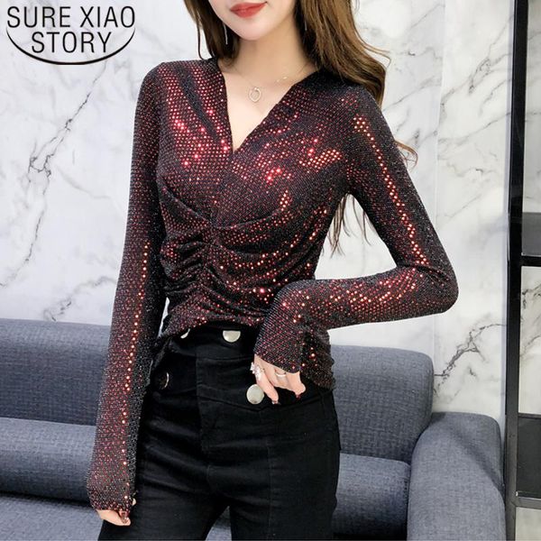 

korean 2021 new fashion long sleeve bright sequins clothes backing slim women shirts tight women and blouses 8494 50, White