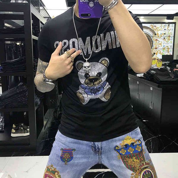

men's t-shirts fashion european station bear drill short sleeve t-shirt net red super fire mercerized cotton half round neck couple dre, White;black