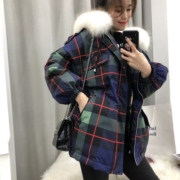 

fashion plaid loose white duck down jacket women winter down coat women outerwear fur hooded doudoune femme hiver donsjas dames q1215, Black