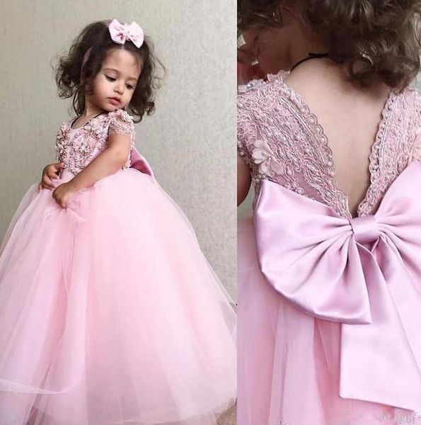 

sweet lovely pink flower girl dresses for weddings short sleeves lace applqieus pearl tulle long girls pageant dress kids communion gowns, White;blue