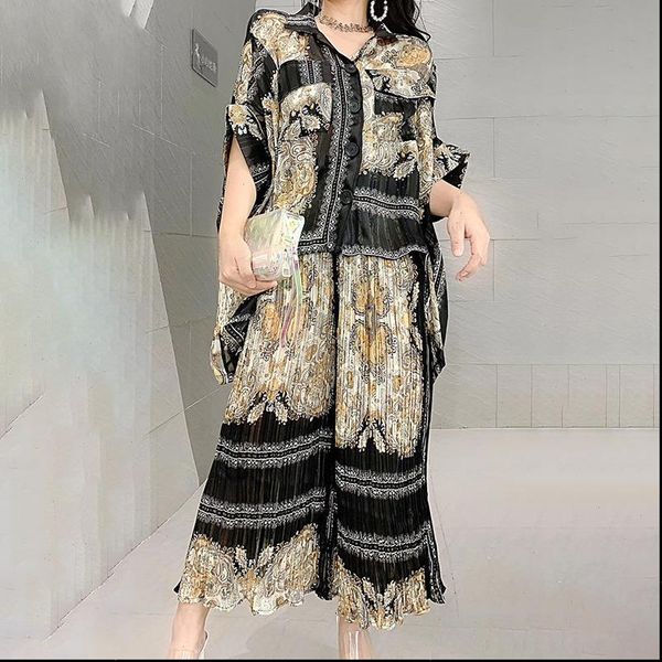 

ewq] 2021 new popular chiffon gold wire embroidery line fashion lapel collar and print two piecce set 3aj961, Gray