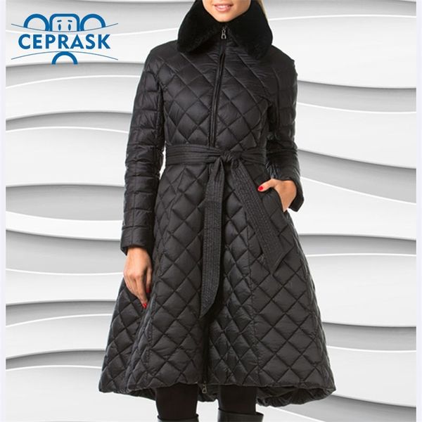 

ceprask women's winter coats plus size long female jacket slim belt fashion warm parka camperas casaco 201217, Black